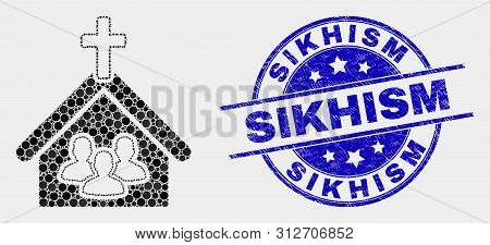 Pixel Church People Mosaic Icon And Sikhism Seal Stamp. Blue Vector Rounded Textured Stamp With Sikh