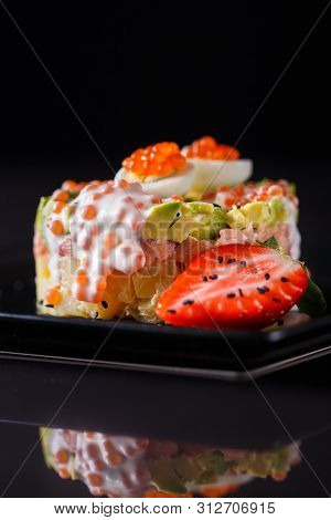 Round Salad Made Of Red Fish Potato And Avocado