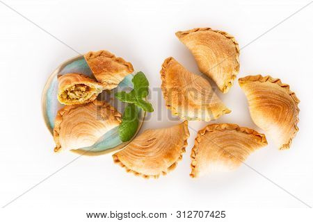 South East Asia Origin Food Concept Homemade Chicken Curry Puffs On White Background With Copy Space