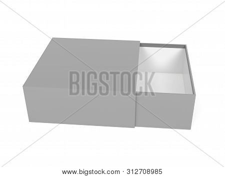 Slider Box. Gray Blank Open Box Mock Up. 3d Rendering Illustration Isolated On White Background