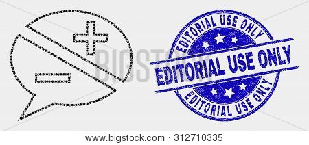 Dot Discussion Messages Mosaic Icon And Editorial Use Only Stamp. Blue Vector Rounded Scratched Seal