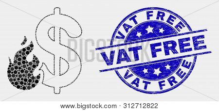 Pixel Dollar Fire Mosaic Icon And Vat Free Seal Stamp. Blue Vector Rounded Grunge Watermark With Vat