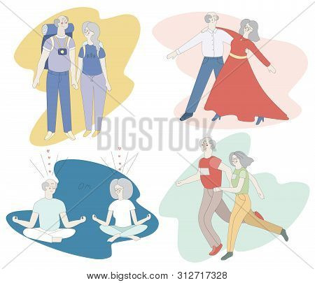 Set Of Solated Illustrations Of Senior Retired Couples Travelling, Running, Dancing, Practicing Yoga