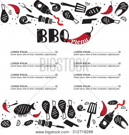 Bbq Food Menu Hand Drawn Vector Illustration Concept. Grill And Barbecue Restaurant Design: Text, Fo
