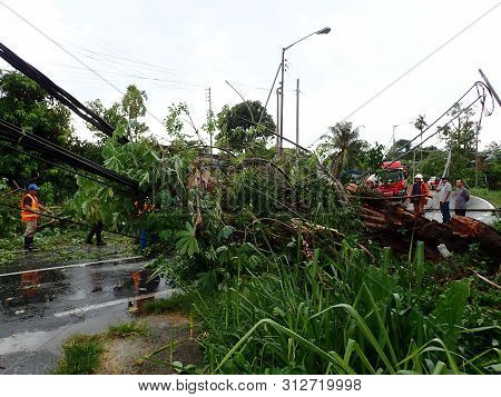 Penampang, Sabah / Malaysia - 07/22/2019: The Fallen And Crash Electric Pole After A Strong Thunders
