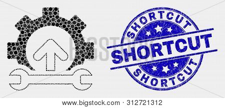 Pixelated Gear Integration Arrow Mosaic Icon And Shortcut Stamp. Blue Vector Rounded Grunge Seal Sta