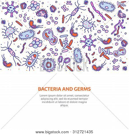 Bacteria, Viruses And Germs Vector Colorful Banner. Collection Of Various Microorganisms, Fungi, Pro