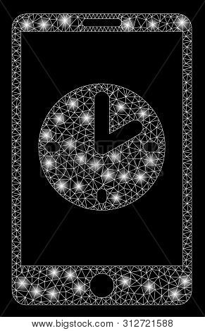 Glowing Mesh Mobile Time With Glow Effect. Abstract Illuminated Model Of Mobile Time Icon. Shiny Wir