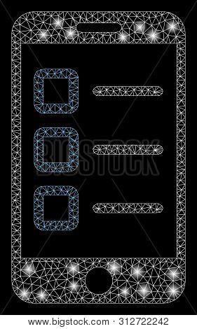 Glowing Mesh Mobile Test With Glow Effect. Abstract Illuminated Model Of Mobile Test Icon. Shiny Wir