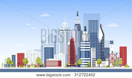 Cityscape With City Downtown Buildings. Panoramic View Of Modern Business Area With Skyscrapers. Urb