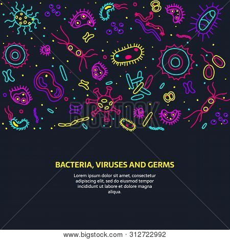Bactria, Viruses And Germs Vector Colorful Banner. Collection Of Various Microorganisms, Fungi, Prot