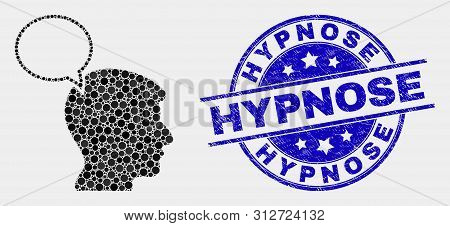 Pixelated Head Thinking Cloud Mosaic Icon And Hypnose Seal Stamp. Blue Vector Round Distress Seal St