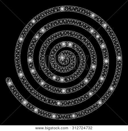 Glowing Mesh Hypnosis Spiral With Glare Effect. Abstract Illuminated Model Of Hypnosis Spiral Icon. 
