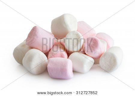 Pile Of Pink And White Mini Marshmallows Isolated On White.
