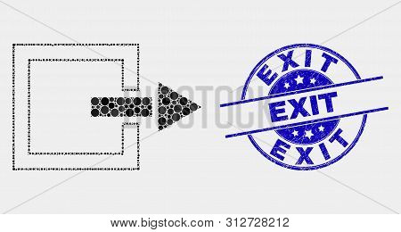 Dot Log Out Mosaic Icon And Exit Seal. Blue Vector Rounded Scratched Stamp With Exit Caption. Vector