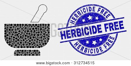 Dot Mortar Mosaic Icon And Herbicide Free Seal Stamp. Blue Vector Round Distress Seal Stamp With Her