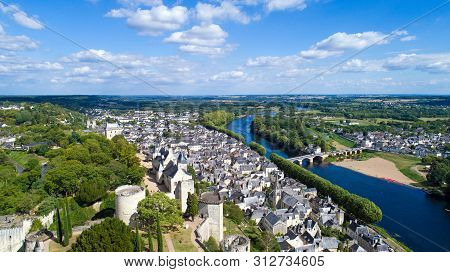 Aerial View Of Chinon City And Castle In Indre Et Loire, France