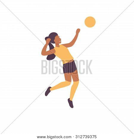 Happy Woman Plying Volleyball Game. Flat Vector Illustration.