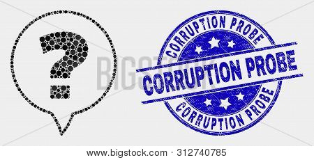 Pixel Question Mosaic Pictogram And Corruption Probe Stamp. Blue Vector Rounded Textured Seal With C