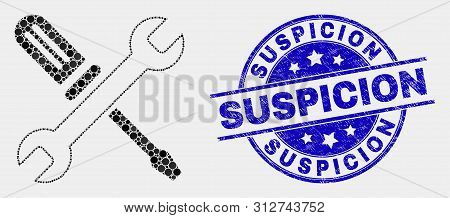 Pixel Repair Tools Mosaic Pictogram And Suspicion Seal Stamp. Blue Vector Rounded Distress Seal Stam