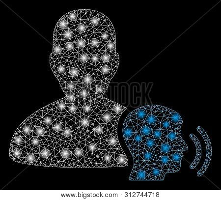 Glowing Mesh Medium With Lightspot Effect. Abstract Illuminated Model Of Medium Icon. Shiny Wire Fra