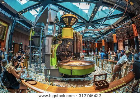 Milan, Italy - June 29, 2019: Wide Angle View Of The Interior Of The Starbucks Concept Store In Mila