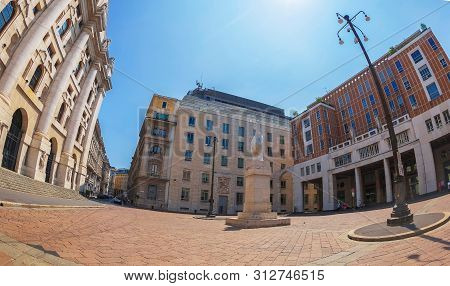 Milan, Italy - June 29, 2019: Piazza Degli Affari With The Palazzo Mezzanotte Also Called Palace Of 