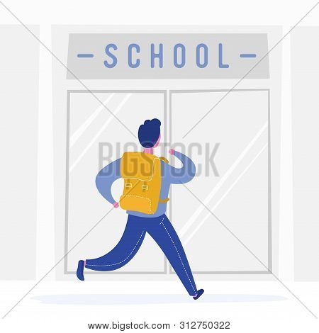School Boy Running With Backback To School, Child Or Student Going To Education, College Or Universi