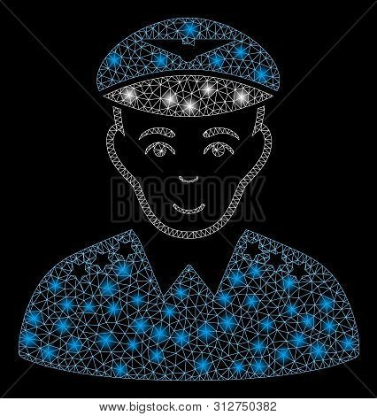 Glossy Mesh Military Pilot Officer With Glitter Effect. Abstract Illuminated Model Of Military Pilot