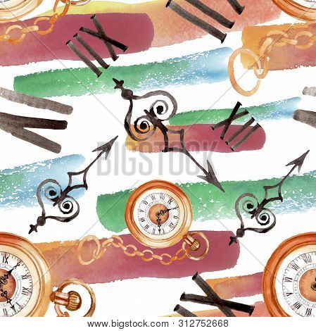Vintage Old Clock Pocket Watch. Watercolor Background Illustration Set. Seamless Background Pattern.