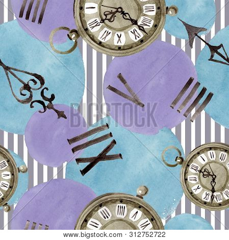 Vintage Old Clock Pocket Watch. Watercolor Background Illustration Set. Seamless Background Pattern.