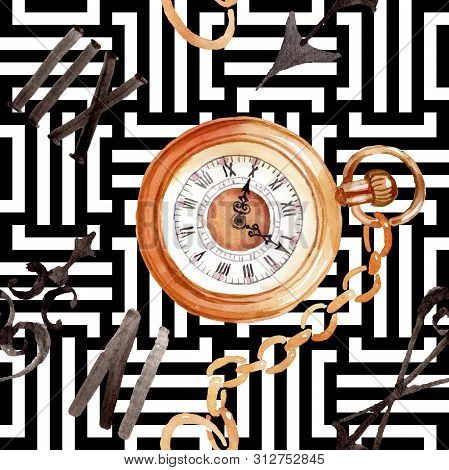 Vintage Old Clock Pocket Watch. Watercolor Background Illustration Set. Seamless Background Pattern.