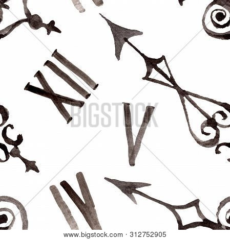 Vintage Old Clock Pocket Watch. Watercolor Background Illustration Set. Seamless Background Pattern.