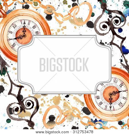 Vintage Old Clock Pocket Watch. Watercolor Background Illustration Set. Frame Border Ornament Square