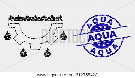 Dotted Water Gear Drops Mosaic Icon And Aqua Seal Stamp. Blue Vector Rounded Scratched Seal Stamp Wi