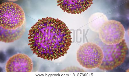 Measles Viruses. 3d Illustration Showing Structure Of Measles Virus With Surface Glycoprotein Spikes