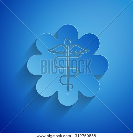 Paper Cut Emergency Star - Medical Symbol Caduceus Snake With Stick Icon Isolated On Blue Background