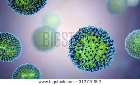 Measles Viruses. 3d Illustration Showing Structure Of Measles Virus With Surface Glycoprotein Spikes