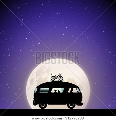 Cartoon Retro Car On Road On Moonlit Night. Vector Illustration With Silhouettes Of People And Cat T