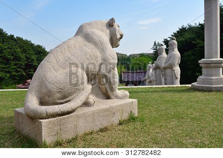 Kaesong, North Korea - May 5, 2019: Granite Lion Sculpture Near Tomb Of King Wanggon The Founder Of 