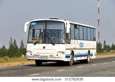 Novyy Urengoy, Russia - July 20, 2019: White Intercity Coach Bus Kavz 4238 Avrora In The City Street