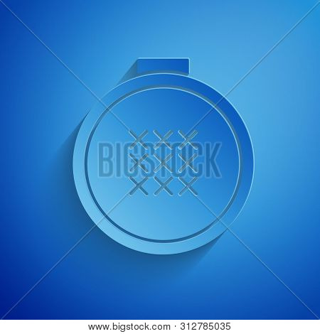 Paper Cut Round Adjustable Embroidery Hoop Icon Isolated On Blue Background. Thread And Needle For E