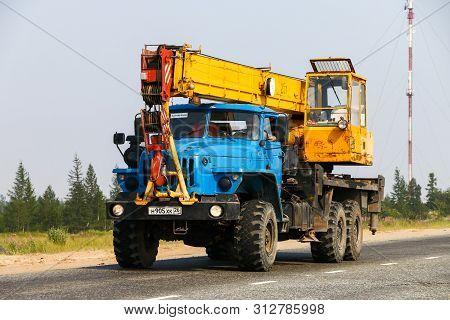 Novyy Urengoy, Russia - July 20, 2019: Off-road Truck Chassis Ural 4320 Mounted Mobile Crane Ivanove