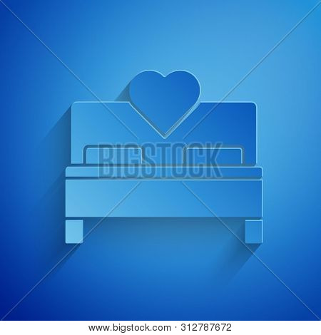 Paper Cut Bedroom Icon Isolated On Blue Background. Wedding, Love, Marriage Symbol. Bedroom Creative
