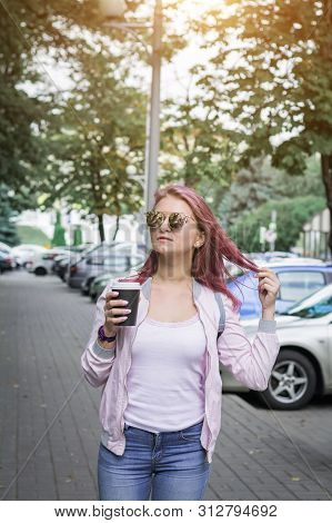 Natural Beauty Pretty Woman Sips On Coffee Or Tea From Blank White Mockup Take Away To Go Cup, Hipst