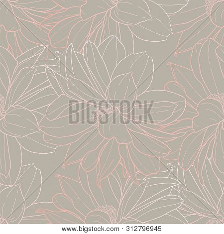 Floral Seamless Pattern. Plant In Blossom, Branch With Flower Ink Sketch. Dahlia. Fashion Floral Pri