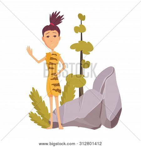 Stone Age Woman In Animal Hide Pelt. Amazon Or Barbarian Female. Flat Style Vector Illustration Isol