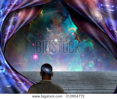 Surrealism and symbolism. Angels and man with galaxy inside his head. Warped space and all seeing eye. 3D rendering