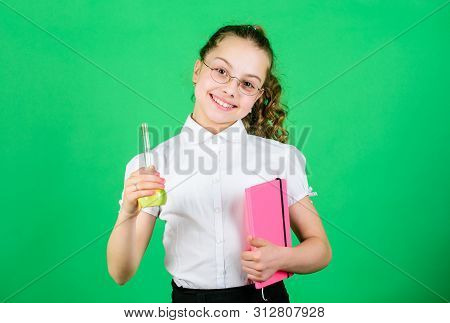 Good News. Science Research In Lab. Small School Girl. Child Study Bilogy Lesson With Note. Small Sm