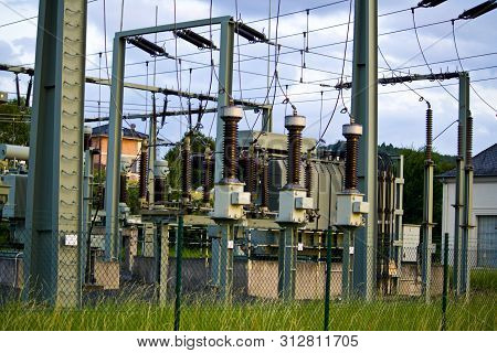 Power Transformer In High Voltage Switchyard In Modern Electrical Substation In Hesse, Germany